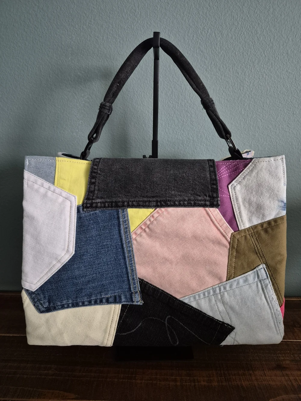 Multicolor Denim Patchwork Satchel/Tote Bag